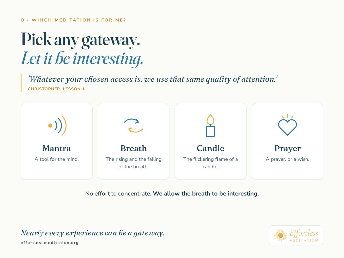 Pick any gateway and let it be interesting: mantra, breath, candle or prayer. Christopher: 'Whatever your chosen access is, we use that same quality of attention.'