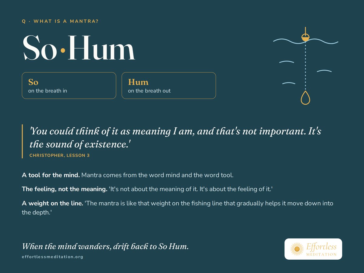 So Hum: So on the breath in, Hum on the breath out, with Christopher's line 'You could think of it as meaning I am, and that's not important. It's the sound of existence.' A mantra is a tool for the mind, about the feeling, not the meaning, like a weight on a fishing line.