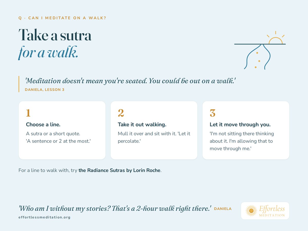 Take a sutra for a walk, with Daniela's words 'Meditation doesn't mean you're seated. You could be out on a walk.' Choose a line, take it out walking and let it move through you, perhaps from the Radiance Sutras by Lorin Roche.