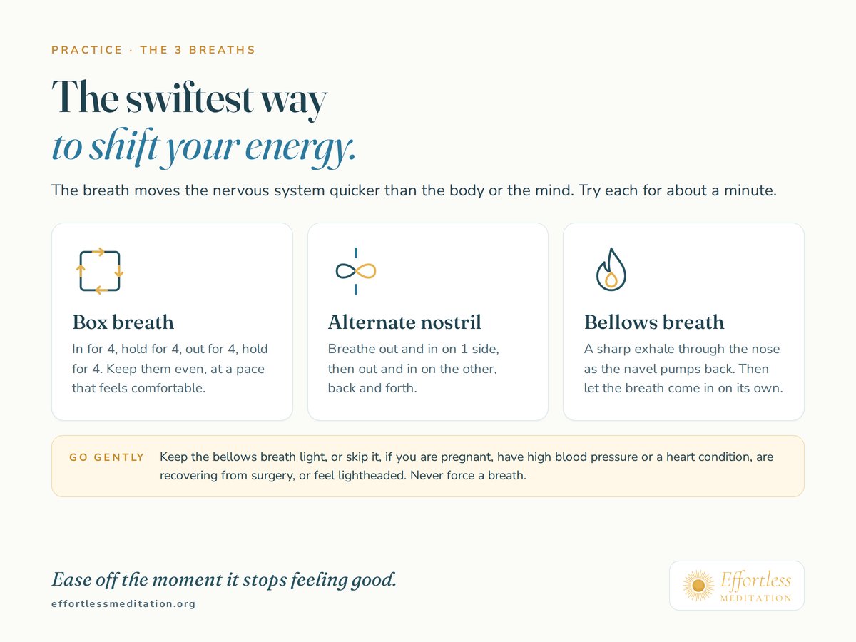 The swiftest way to shift your energy: box breath, alternate nostril and bellows breath, each for about a minute. Go gently: keep the bellows breath light, or skip it, if you are pregnant, have high blood pressure or a heart condition, are recovering from surgery, or feel lightheaded.